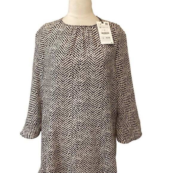 NWT Zara Women's Black Mix Printed Tunic Mini Dress Fluted Sleeve M - Picture 10 of 14